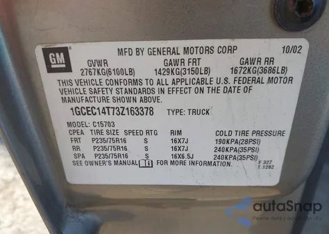 2003 Chevrolet Silverado 1500 Ls z USA, uszkodzony, nr VIN 1GCEC14T73Z163378